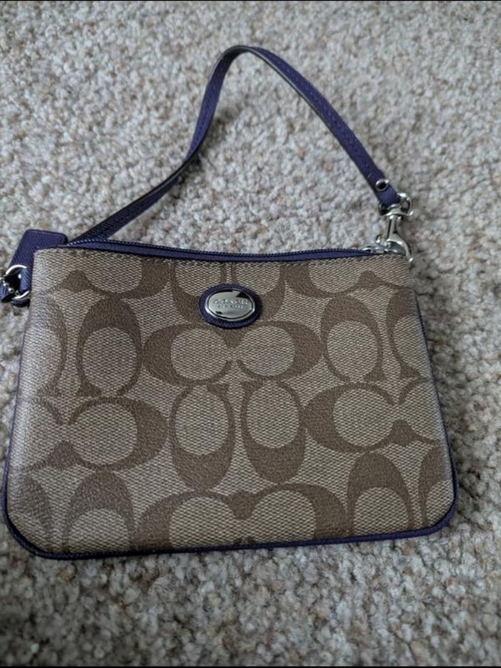 Coach Tan Signature Canvas Wristlet with Purple Trim